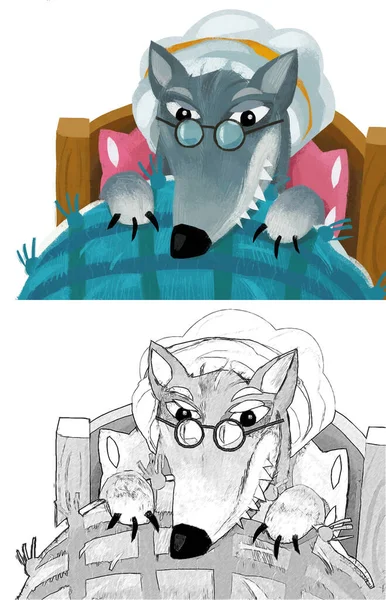 Cartoon Scene Evil Wolf Spying Bed Illustration Sketch — Stock Photo, Image