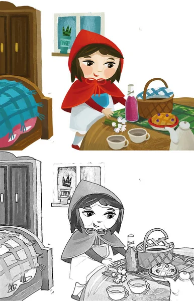 Cartoon Little Girl Kid Wooden House Red Hood Illustration Sketch —  Fotos de Stock