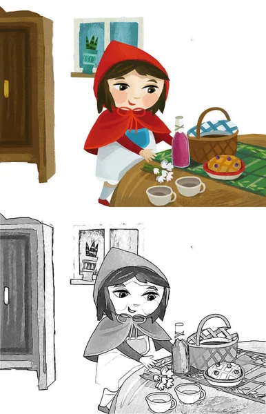 Cartoon Little Girl Kid Wooden House Red Hood Illustration Sketch — Photo