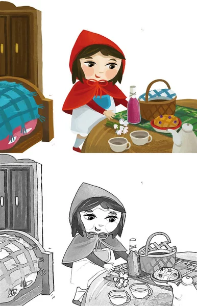 cartoon little girl kid in wooden house in red hood illustration sketch