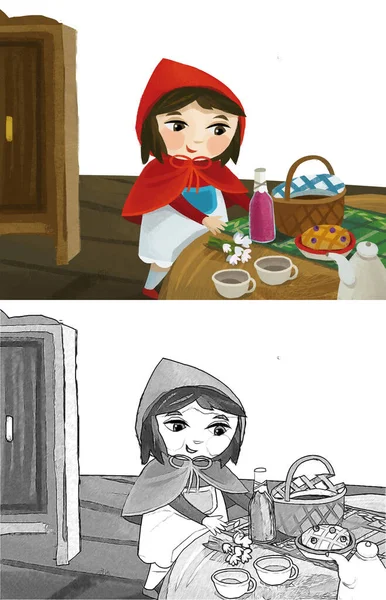 cartoon little girl kid in wooden house in red hood illustration sketch