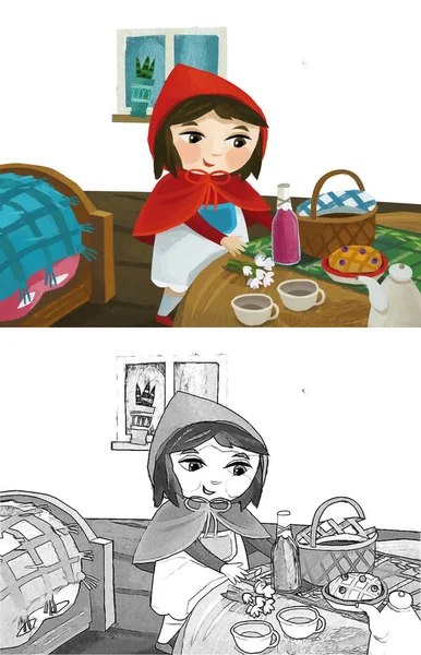 Cartoon Little Girl Kid Wooden House Red Hood Illustration Sketch —  Fotos de Stock
