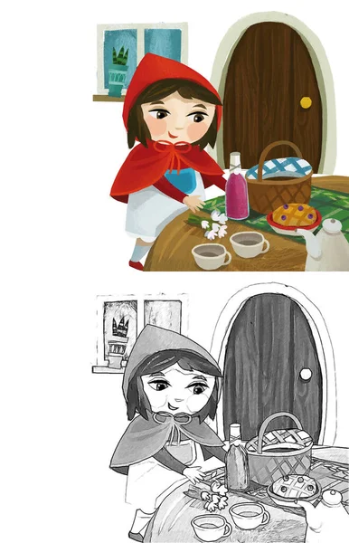 cartoon little girl kid in wooden house in red hood illustration sketch
