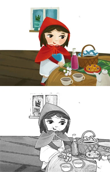 Cartoon Little Girl Kid Wooden House Red Hood Illustration Sketch — Zdjęcie stockowe