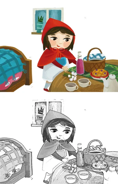 Cartoon Little Girl Kid Wooden House Red Hood Illustration Sketch — Zdjęcie stockowe
