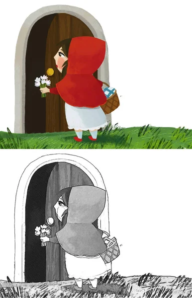 cartoon little girl kid near wooden house in red hood illustration sketch
