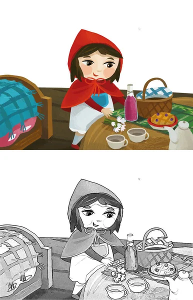 Cartoon Little Girl Kid Wooden House Red Hood Illustration Sketch — Stockfoto