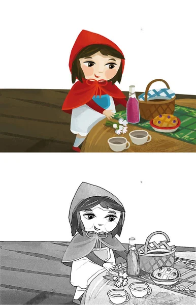 Cartoon Little Girl Kid Wooden House Red Hood Illustration Sketch — 图库照片