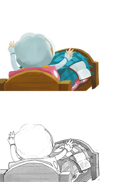 cartoon scene with grandmother resting in the bed reading book illustration sketch