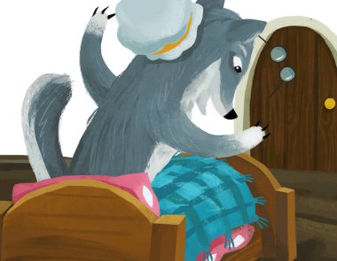 cartoon scene with evil wolf spying in bed illustration