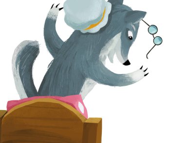 cartoon scene with evil wolf spying in bed illustration
