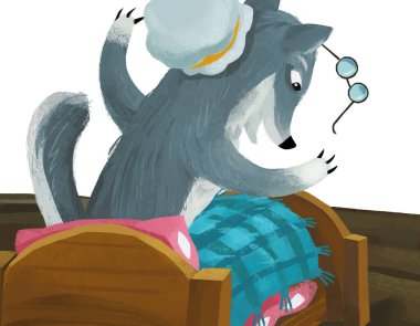 cartoon scene with evil wolf spying in bed illustration