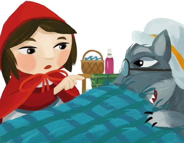 cartoon scene with bad wolf in disguise of grandmother resting in the bed and little girl illustration