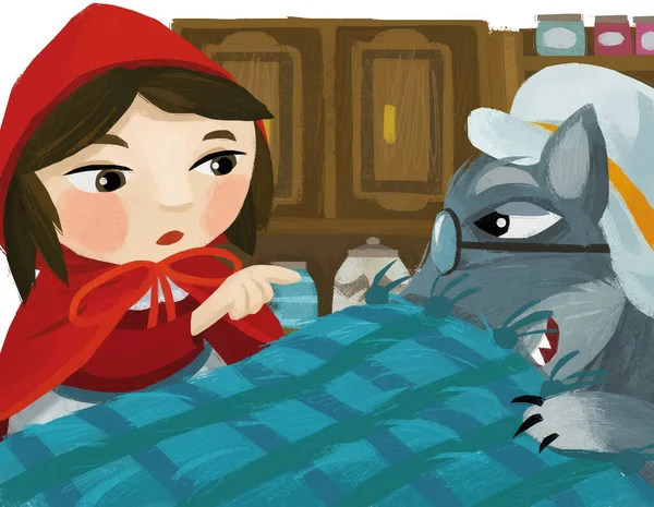 cartoon scene with bad wolf in disguise of grandmother resting in the bed and little girl illustration