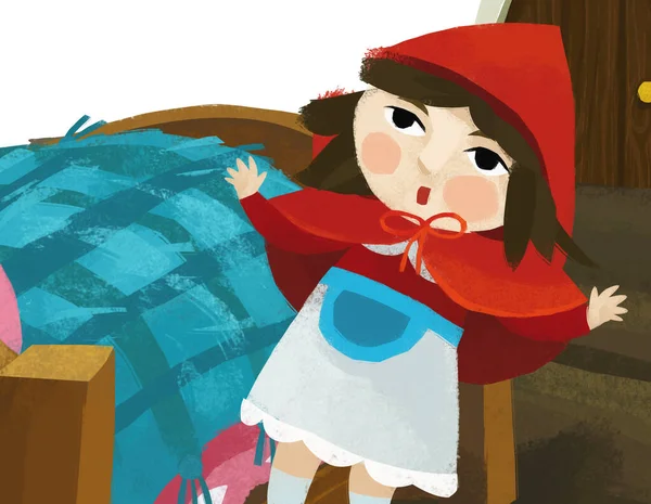 Cartoon Scene Little Girl Kid Wooden Bed Red Hood Illustration — Stockfoto