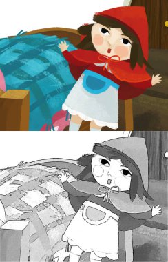 cartoon scene with little girl kid near wooden bed in red hood illustration for children sketch