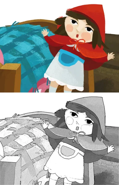 Cartoon Scene Little Girl Kid Wooden Bed Red Hood Illustration — Fotografia de Stock