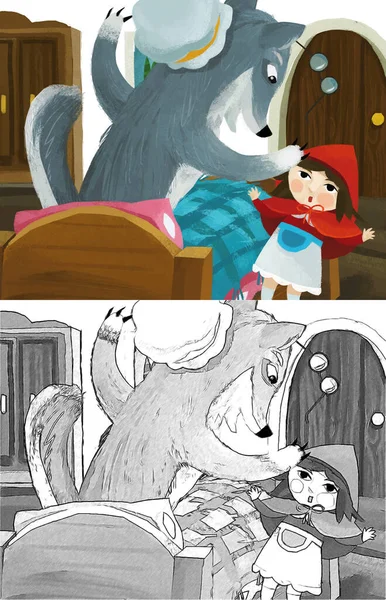Cartoon Scene Bad Wolf Disguise Grandmother Resting Bed Little Girl — Stok fotoğraf