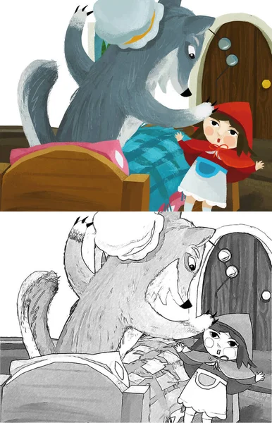 cartoon scene with bad wolf in disguise of grandmother resting in the bed and little girl illustration sketch