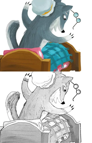 Cartoon Scene Evil Wolf Spying Bed Illustration Sketch — Stockfoto