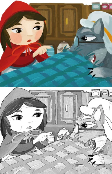 cartoon scene with bad wolf in disguise of grandmother resting in the bed and little girl illustration sketch