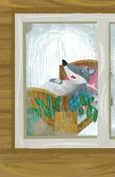 Cartoon Scene Wolf Window Wooden House Illustration — Stock fotografie