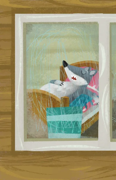 cartoon scene with wolf in the window of wooden house illustration