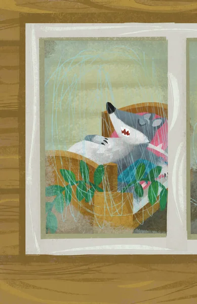 Cartoon Scene Wolf Window Wooden House Illustration — Stock fotografie