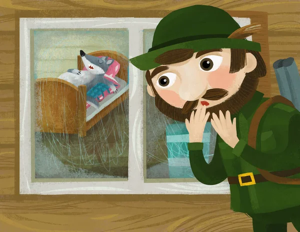 cartoon scene with wolf in the window of wooden house and hunter watching illustration