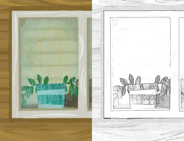 Cartoon Scene Window Wooden House Illustration Sketch — Stock Photo, Image