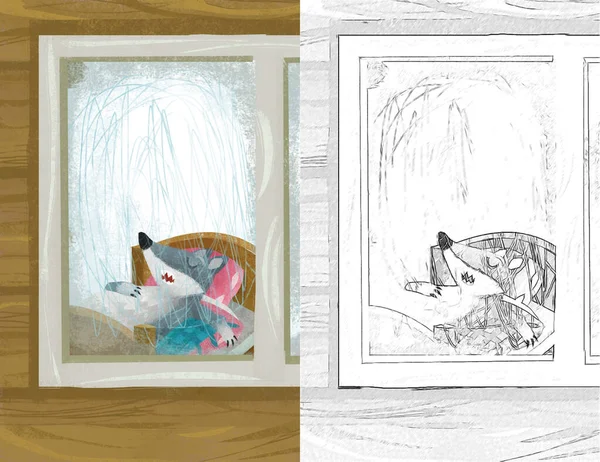 Cartoon Scene Wolf Window Wooden House Illustration Sketch — Stockfoto