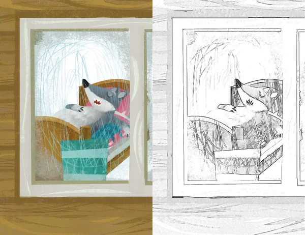 Kreslená Scéna Vlkem Okně Dřevěného Domu Ilustrační Skica — Stock fotografie