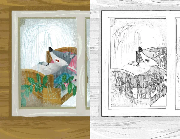 cartoon scene with wolf in the window of wooden house illustration sketch