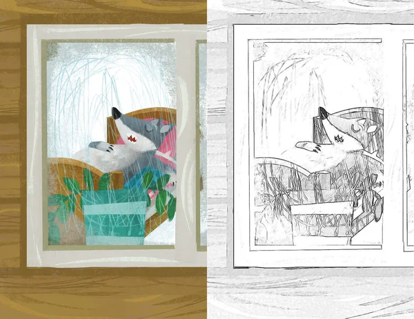 Kreslená Scéna Vlkem Okně Dřevěného Domu Ilustrační Skica — Stock fotografie