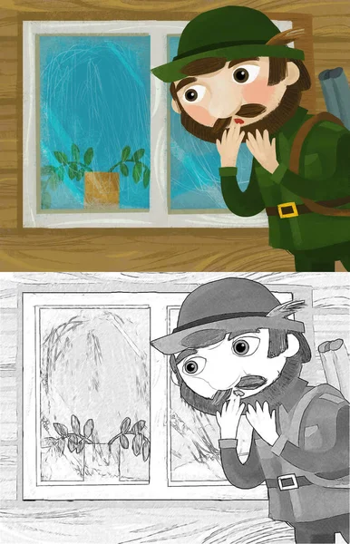 Cartoon Scene Hunter Forester Man Window Wooden Farm House Illustration — Stock Photo, Image