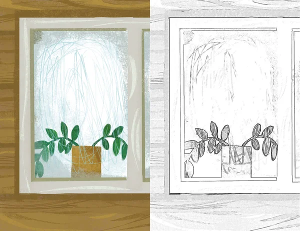 cartoon scene with window in the wooden house illustration sketch