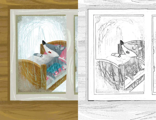 Escena Dibujos Animados Con Lobo Ventana Casa Madera Ilustración Boceto — Foto de Stock