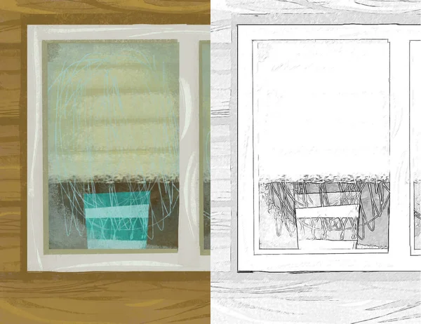 cartoon scene with window in the wooden house illustration sketch