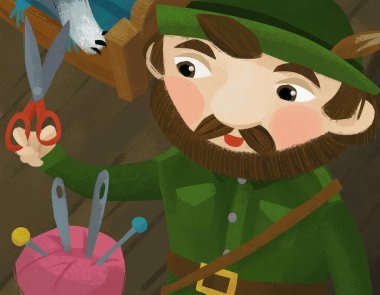 cartoon scene with hunter forester in farm house with tailoring tools illustration