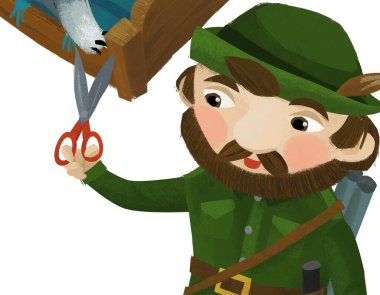 cartoon scene with hunter forester in farm house with tailoring tools illustration