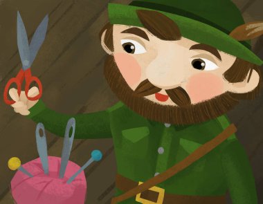 cartoon scene with hunter forester in farm house with tailoring tools illustration