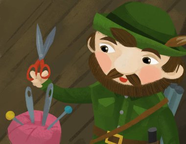 cartoon scene with hunter forester in farm house with tailoring tools illustration