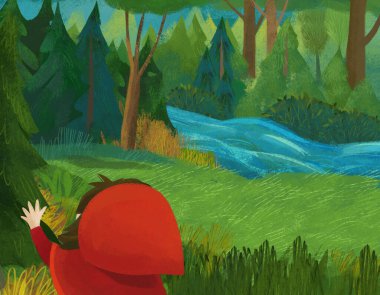 cartoon scene with little girl kid in red hood in forest illustration
