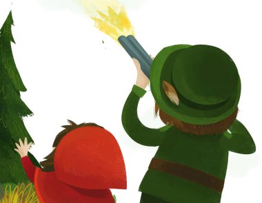cartoon scene with hunter forester and girl kid in the forester illustration