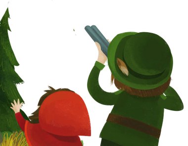 cartoon scene with hunter forester and girl kid in the forester illustration