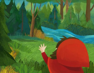 cartoon scene with little girl kid in red hood in forest illustration