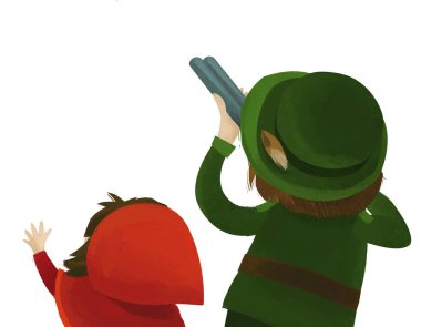 cartoon scene with hunter forester and girl kid in the forester illustration