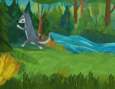 cartoon scene with wolf in the forest illustration