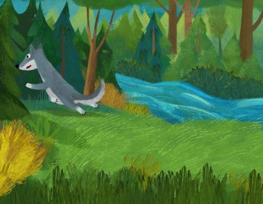 cartoon scene with wolf in the forest illustration