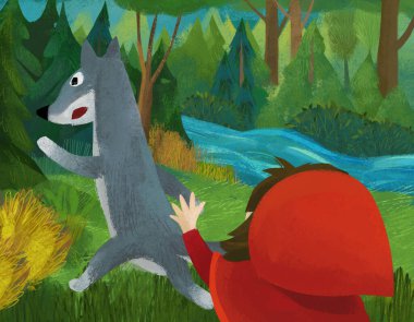 cartoon scene with wolf and little girl in red hood illustration